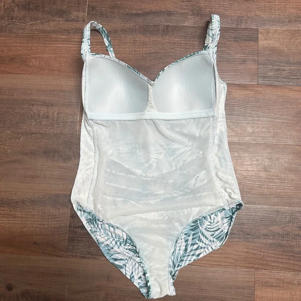 Niptuck Swim‎ One Piece Swimsuit Teal White Palm Print Ruched Tummy Control  10